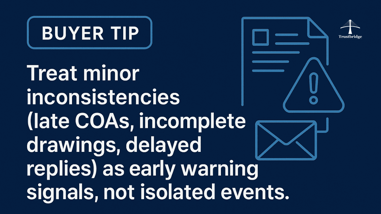 Treat minor inconsistencies (late COAs, incomplete drawings, delayed replies) as early warning signals, not isolated events.